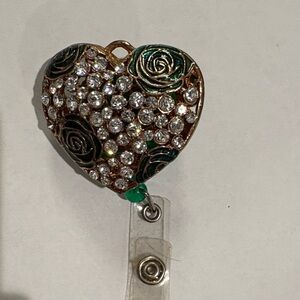 Heart Shaped Rhinestone Badge Reel with Floral Design